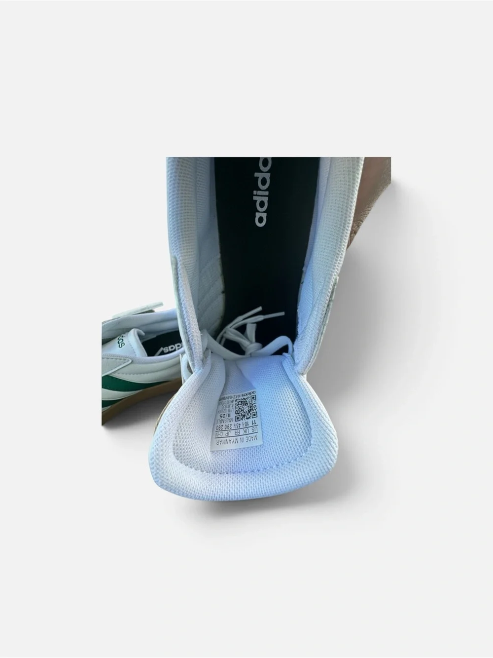 adidas White Sneakers with Green Stripes and Gum Sole